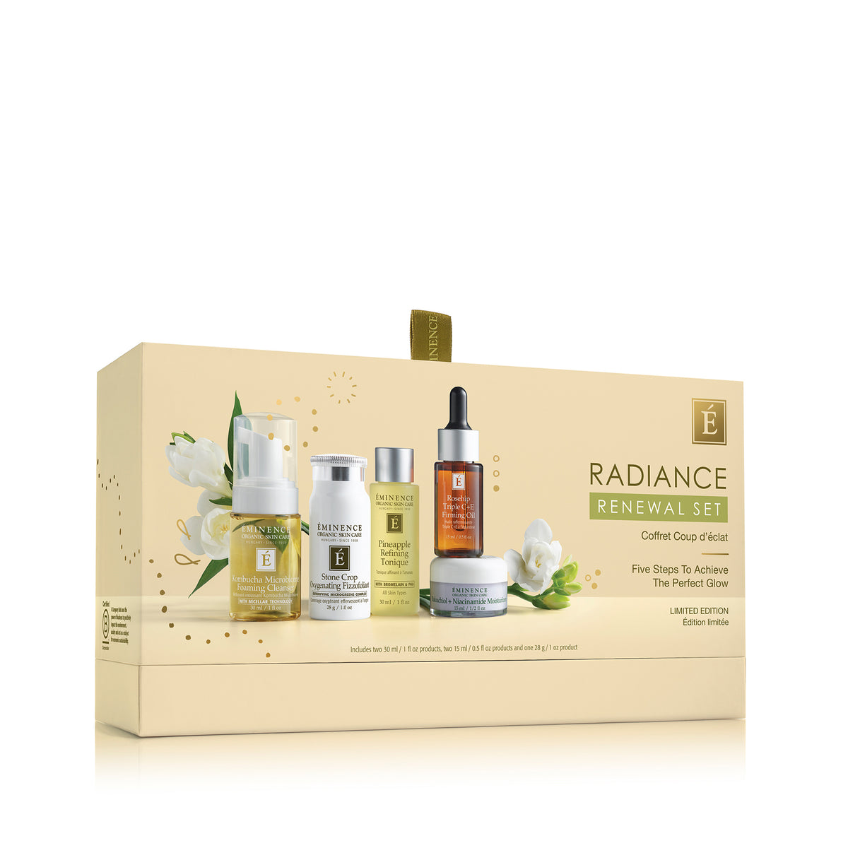 Eminence Organics Radiance Renewal Set with five travel-size skincare essentials