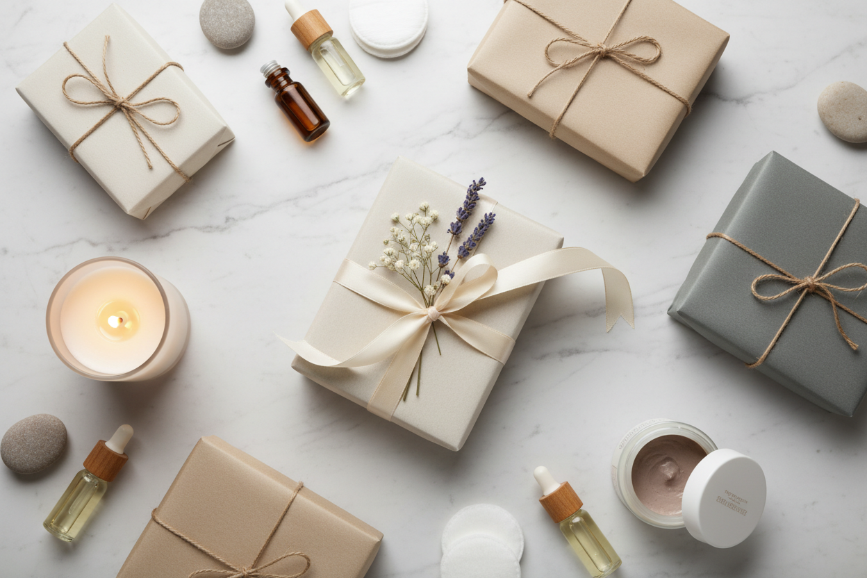 ribbon with floral sprig neutral gift boxes candle flat lay spa items